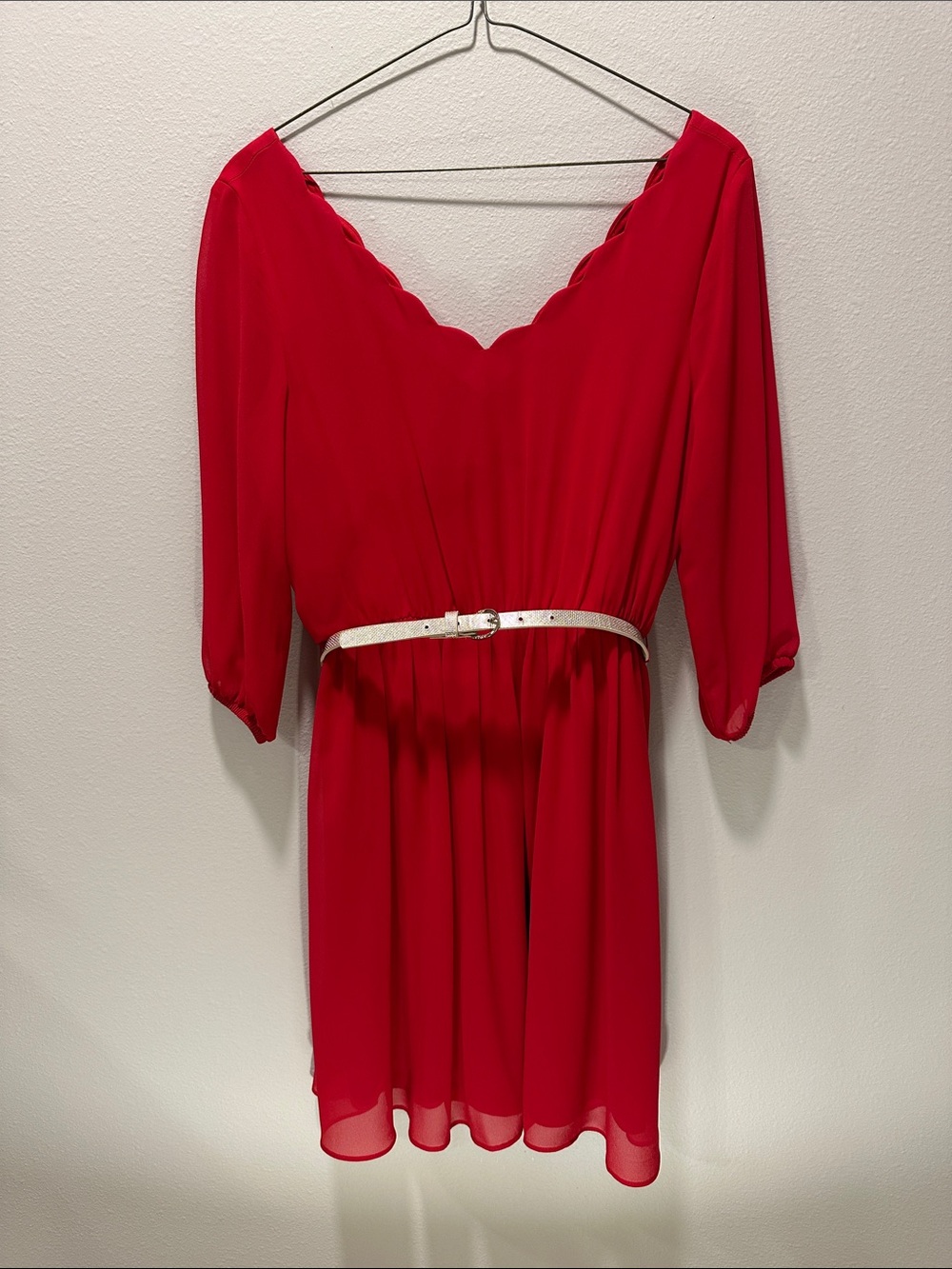 BCX Red V-Neck Dress with Subtle Scallop Detail